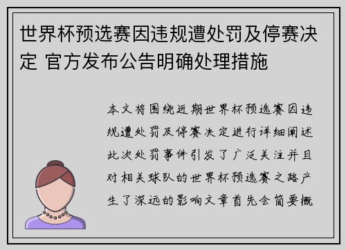 世界杯预选赛因违规遭处罚及停赛决定 官方发布公告明确处理措施